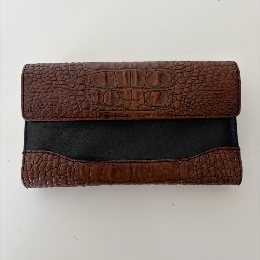 Brahmin Brown Vintage Crocodile Embossed‎ & Black Leather Trifold Wallet